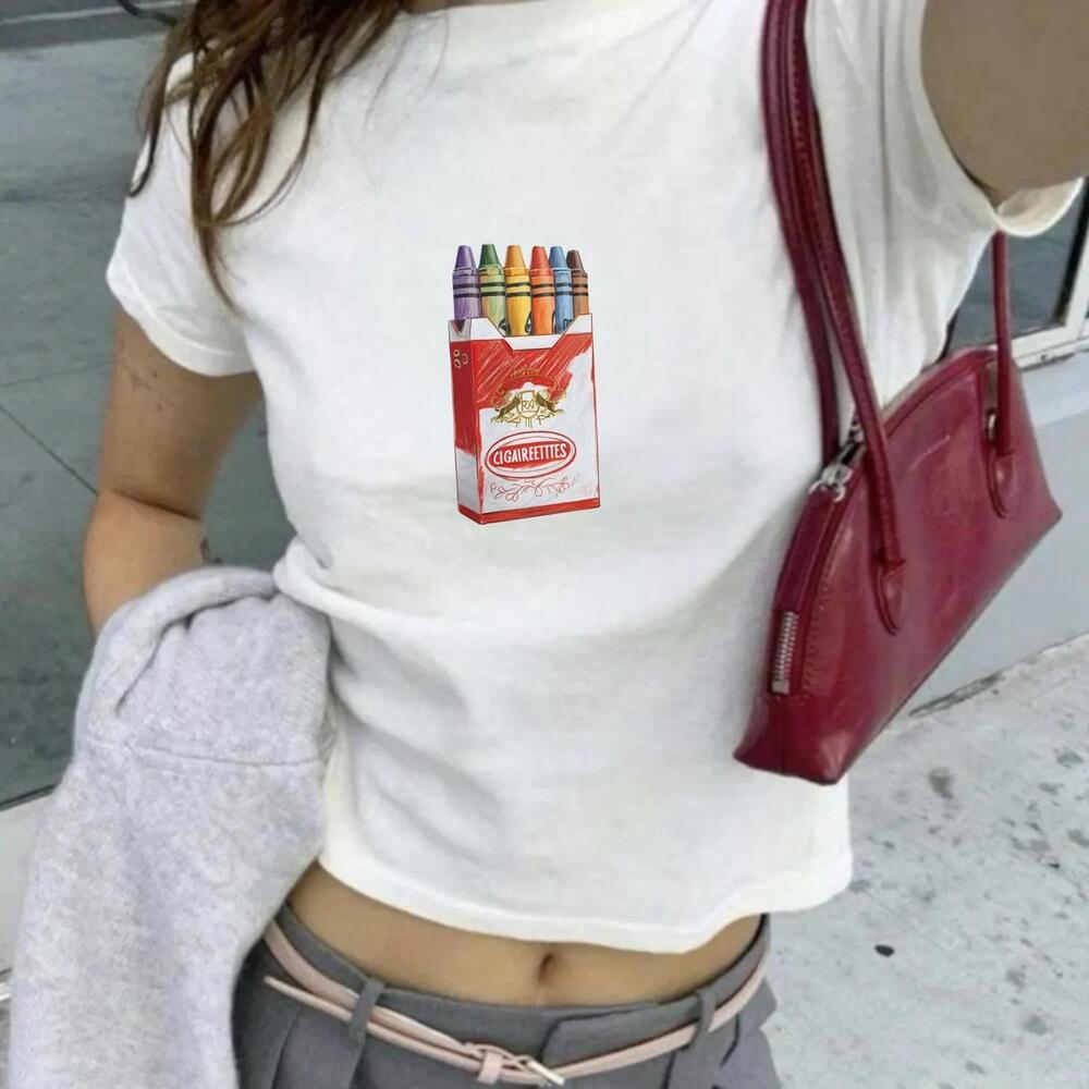 White Short Sleeve Graphic Tee with Crayon Pack Print